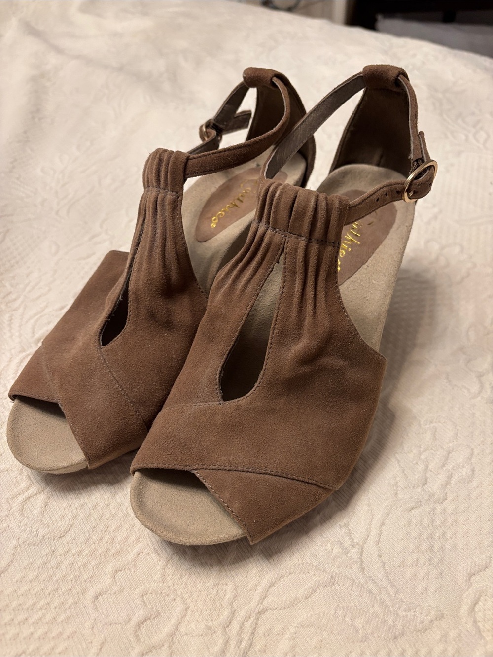 Carthies Brown Suede T-Strap Wedge Sandals